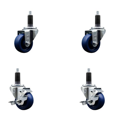 Service Caster 3'' Solid Poly Wheel Swivel 1-1/8'' Expanding Stem Caster Set 2 Brakes, 4PK SCC-EX20S314-SPUS-2-TLB-2-118